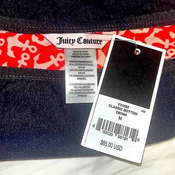 NWT Juicy Couture dark blue Denim look  Nautical print lined Bikini Bottoms Sz M - Picture 3 of 7